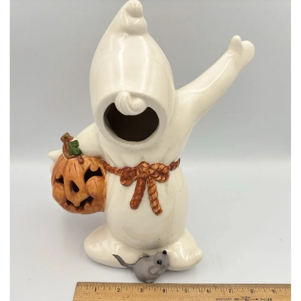 Vintage Ceramic White Ghost W/ Pumpkin / Jack O Lantern & Mouse 11.5